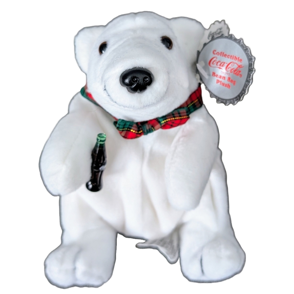 Vintage 1997 Coca-Cola Polar Bear in Plaid Bow Beanie Baby / Stuffed Animal